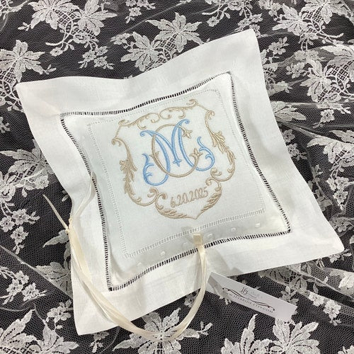 Monogrammed Linen Ring Bearer Pillow – Personalized Wedding Ring Cushion