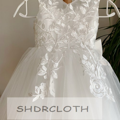 Off-White Lace Flower Girl Dress with Illusion and Lace Appliqué