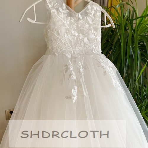 Off-White Lace Flower Girl Dress with Illusion and Lace Appliqué