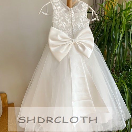 Off-White Lace Flower Girl Dress with Illusion and Lace Appliqué