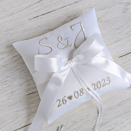 Personalized Silver Embroidered Ring Bearer Pillow – Handmade Satin Wedding Cushion