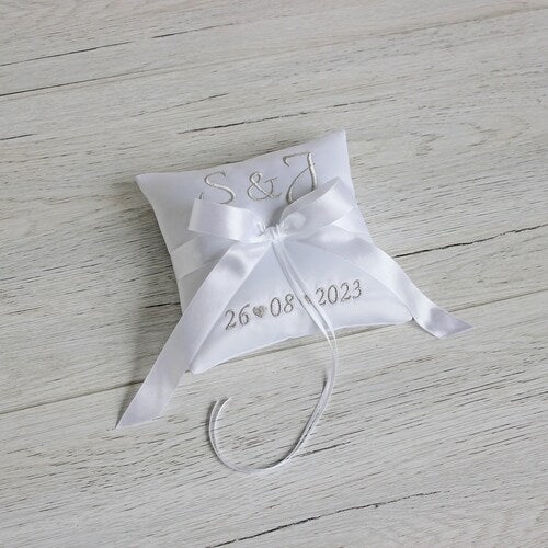 Personalized Silver Embroidered Ring Bearer Pillow – Handmade Satin Wedding Cushion