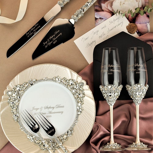 Personalized Champagne Flutes and Cake Cutting Set for Weddings & Anniversaries