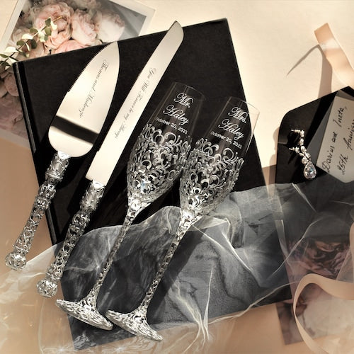 Gold Champagne Flutes and Cake Server Set – Personalized Wedding Gift
