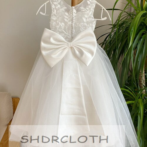 Off-White Lace Flower Girl Dress with Illusion and Lace Appliqué