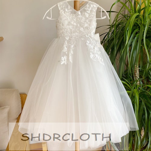 Off-White Lace Flower Girl Dress with Illusion and Lace Appliqué