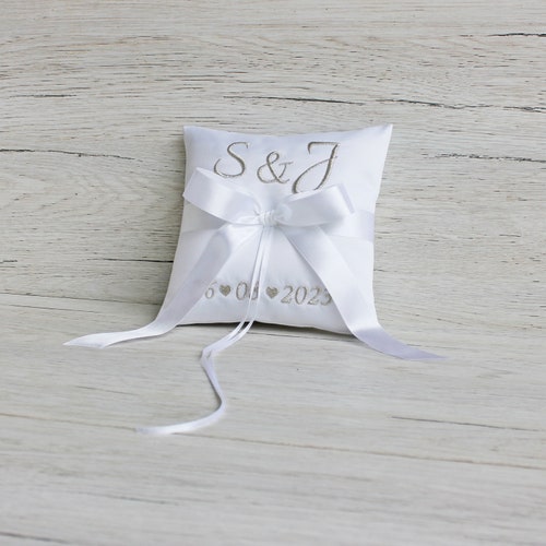 Personalized Silver Embroidered Ring Bearer Pillow – Handmade Satin Wedding Cushion