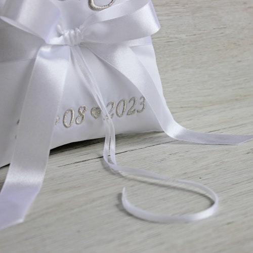 Personalized Silver Embroidered Ring Bearer Pillow – Handmade Satin Wedding Cushion