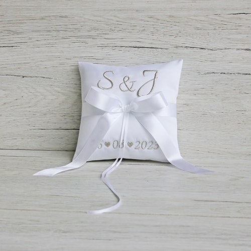 Personalized Silver Embroidered Ring Bearer Pillow – Handmade Satin Wedding Cushion