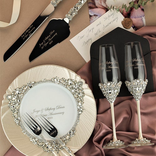 Personalized Champagne Flutes and Cake Cutting Set for Weddings & Anniversaries