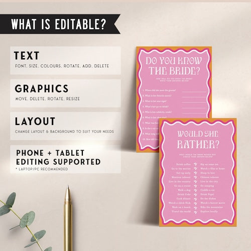 Pink Modern Bachelorette Party Games Bundle – 100 Editable Games