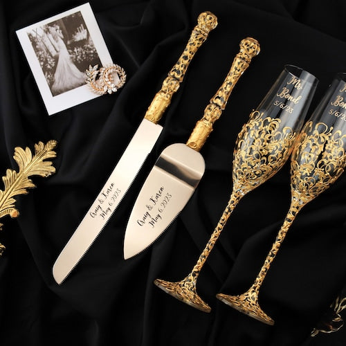 Gold Champagne Flutes and Cake Server Set – Personalized Wedding Gift