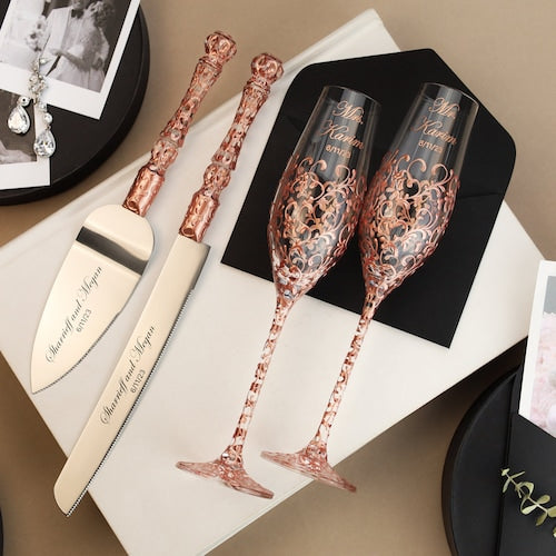 Gold Champagne Flutes and Cake Server Set – Personalized Wedding Gift