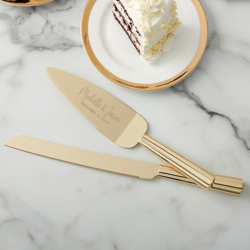 Modern Engraved Gold Cake Knife & Server or Flute Set