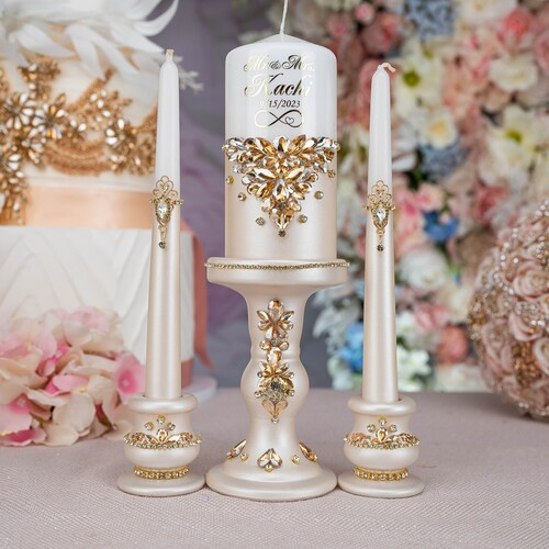 Ivory Wedding Flutes & Cake Server Set with Plate and Unity Candles