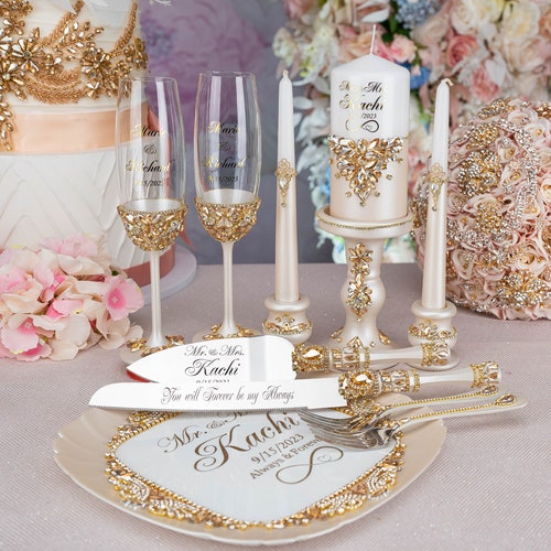 Ivory Wedding Flutes & Cake Server Set with Plate and Unity Candles
