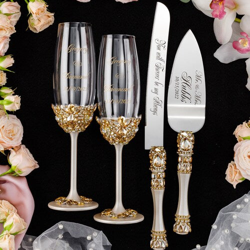 Ivory Wedding Flutes & Cake Server Set with Plate and Unity Candles