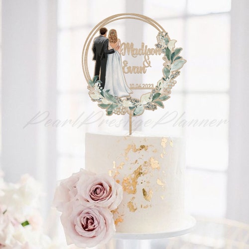 Personalized Greenery Wedding Cake Topper – Couple Silhouette with Dress & Suit Design