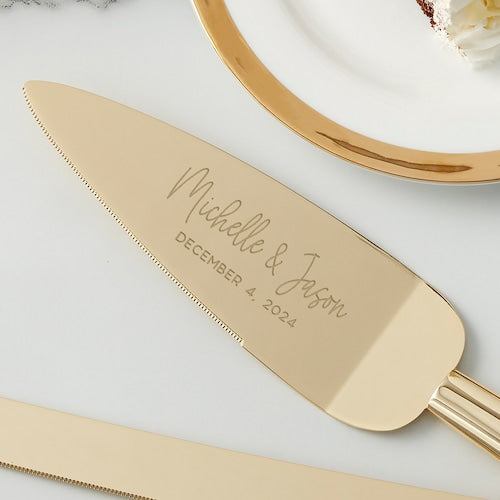 Modern Engraved Gold Cake Knife, Server, and Champagne Flute Set