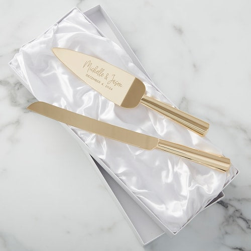 Modern Engraved Gold Cake Knife & Server or Flute Set