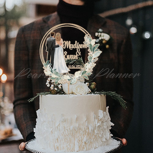 Personalized Greenery Wedding Cake Topper – Couple Silhouette with Dress & Suit Design