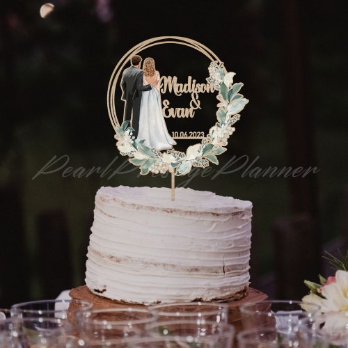 Personalized Greenery Wedding Cake Topper – Couple Silhouette with Dress & Suit Design