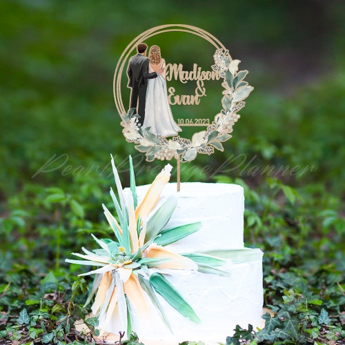 Personalized Greenery Wedding Cake Topper – Couple Silhouette with Dress & Suit Design