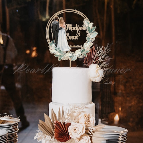 Personalized Greenery Wedding Cake Topper – Couple Silhouette with Dress & Suit Design