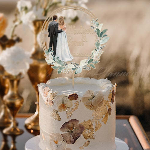 Personalized Greenery Wedding Cake Topper – Couple Silhouette with Dress & Suit Design
