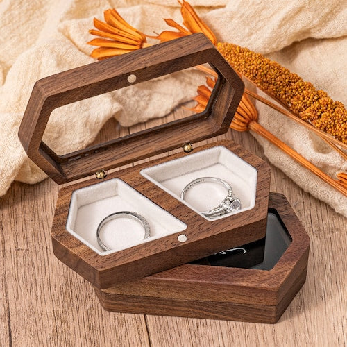 Personalized Double Slot Wedding Ring Box – Rustic Engagement Ring Box