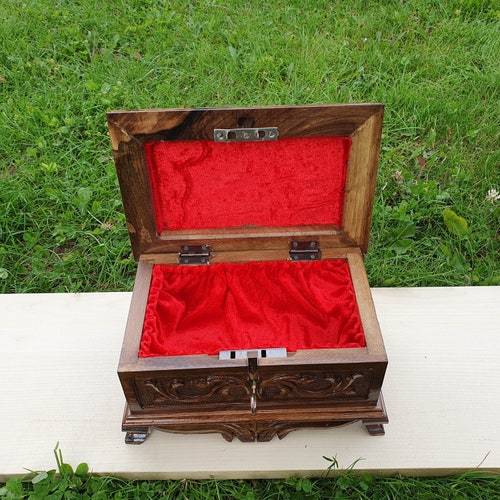 Hand-Carved Wooden Puzzle Box with Secret Lock and Key