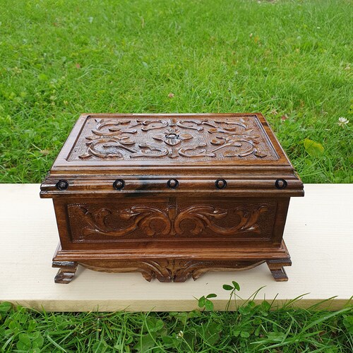 Hand-Carved Wooden Puzzle Box with Secret Lock and Key