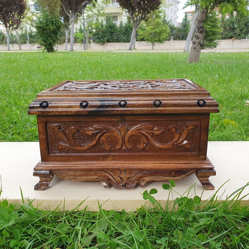 Hand-Carved Wooden Puzzle Box with Secret Lock and Key