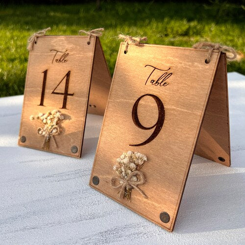 Eucalyptus & Floral Wooden Wedding Table Numbers – Rustic Birch Wood Double-Sided Table Signs