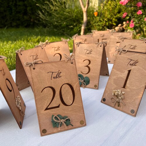 Eucalyptus & Floral Wooden Wedding Table Numbers – Rustic Birch Wood Double-Sided Table Signs