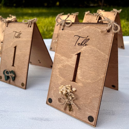 Eucalyptus & Floral Wooden Wedding Table Numbers – Rustic Birch Wood Double-Sided Table Signs