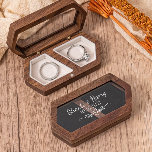 Personalized Double Slot Wedding Ring Box – Rustic Engagement Ring Box