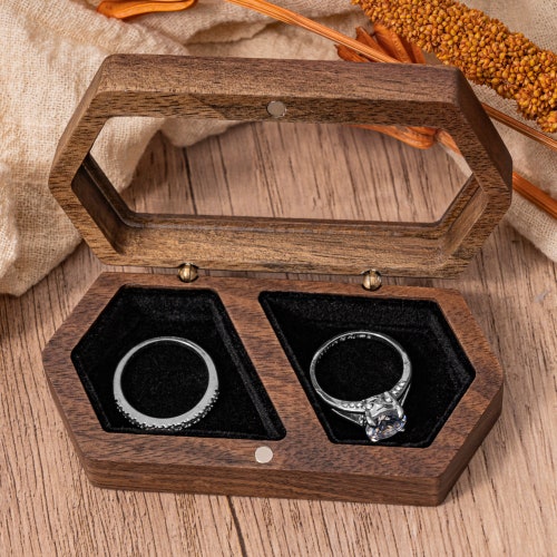 Personalized Double Slot Wooden Wedding Ring Box | Custom Engagement Ring Holder