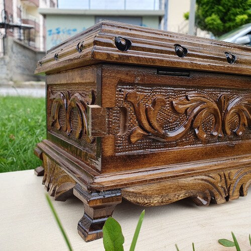 Hand-Carved Wooden Puzzle Box with Secret Lock and Key