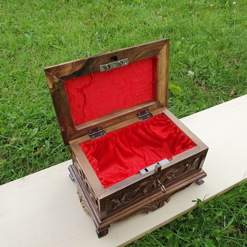 Hand-Carved Wooden Puzzle Box with Secret Lock and Key
