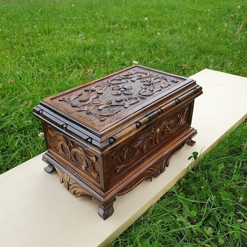 Hand-Carved Wooden Puzzle Box with Secret Lock and Key