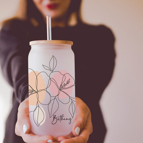 Custom Floral Can Glass with Lid & Straw