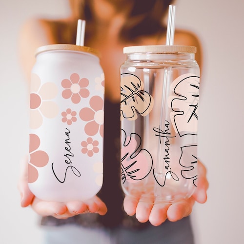 Custom Floral Can Glass with Lid & Straw