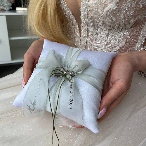 Personalized Sage Green Wedding Ring Bearer Pillow – Elegant & Customizable