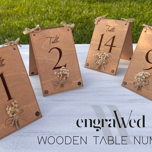 Eucalyptus & Floral Wooden Wedding Table Numbers – Rustic Birch Wood Double-Sided Table Signs