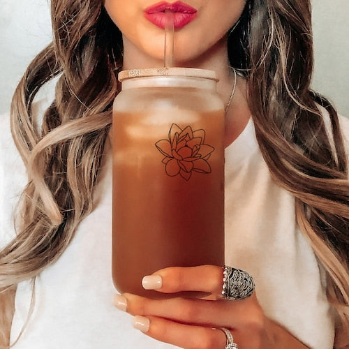 Custom Floral Can Glass with Lid & Straw