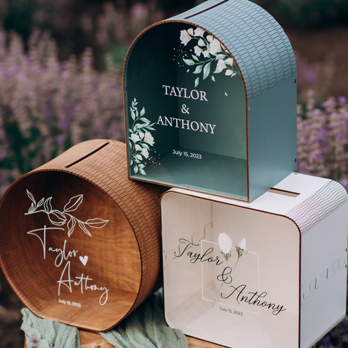 Personalized Wooden Wedding Card Box with Acrylic Glass Print