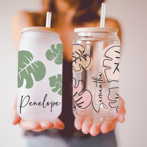 Custom Floral Can Glass with Lid & Straw
