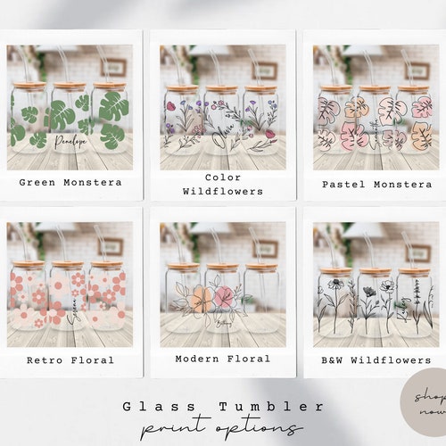 Custom Floral Can Glass with Lid & Straw