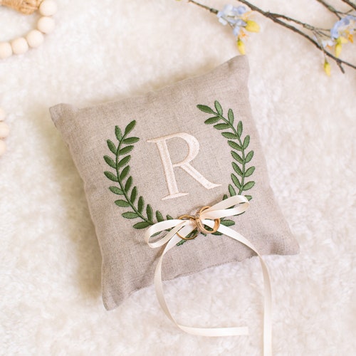 Custom Monogrammed Linen Ring Bearer Pillow